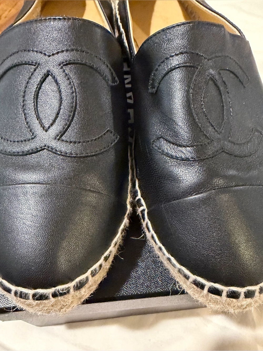 CHANEL Black Leather Espadrille Slip-Ons with Logo